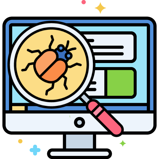 Testing Principles - Graphic showing a software bug on a screen, under a magnifying glass.