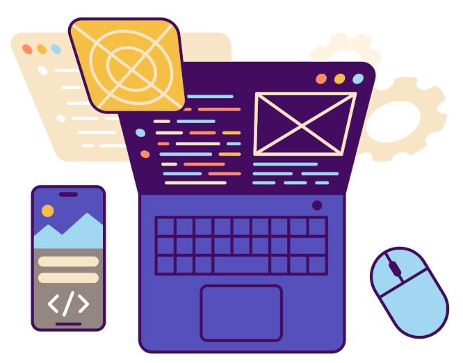 Graphic of a laptop with code and to represent an example of custom software.