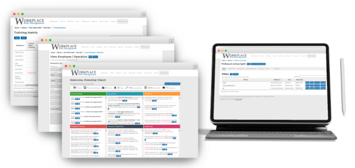 Laptop and screenshots for WRM Workplace Risk Management our case study that represents hosting a web application.