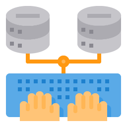 Graphic of a keyboard and 2 database, to represent asynchronous processing.