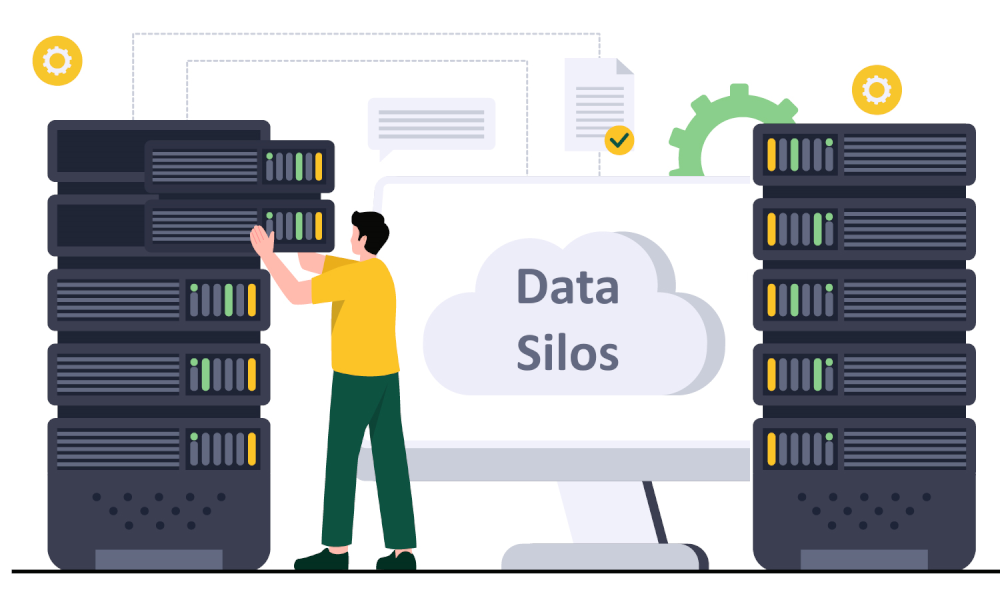 Graphic of a man with two separate servers representing silos of data, there is a cloud and the word data silos on a monitor and other computer documents and settings.
