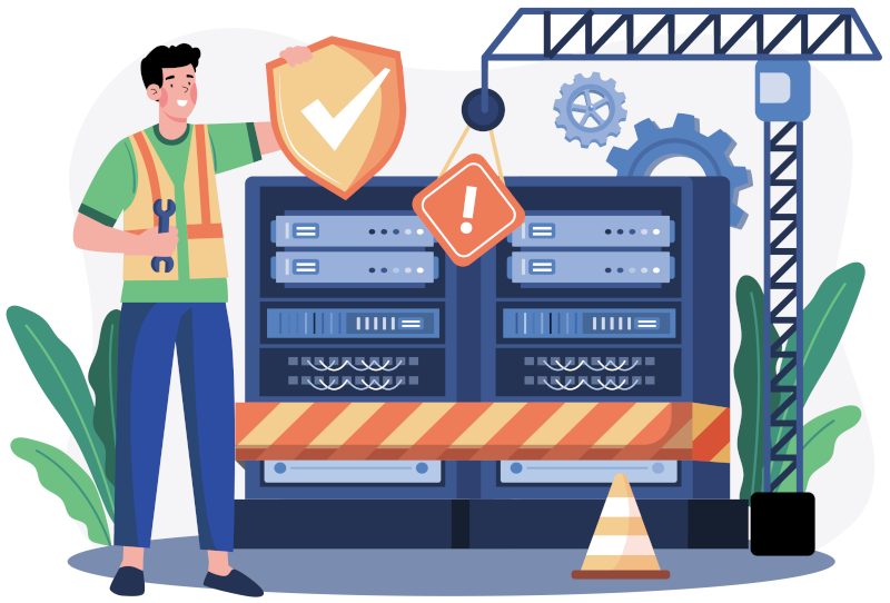 Graphic of a man with servers fixing issues.