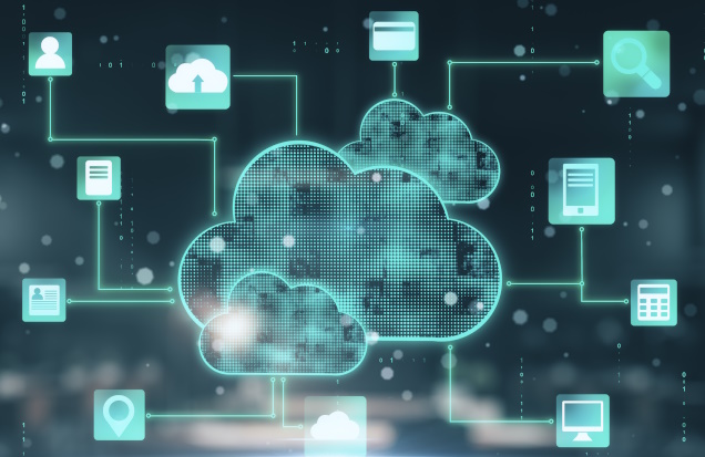 Photo of blurred background and overlay of a cloud and computer icons.