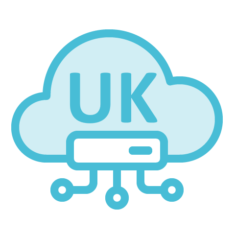 Icon of computer cloud with nodes and a small server and the text UK on it.