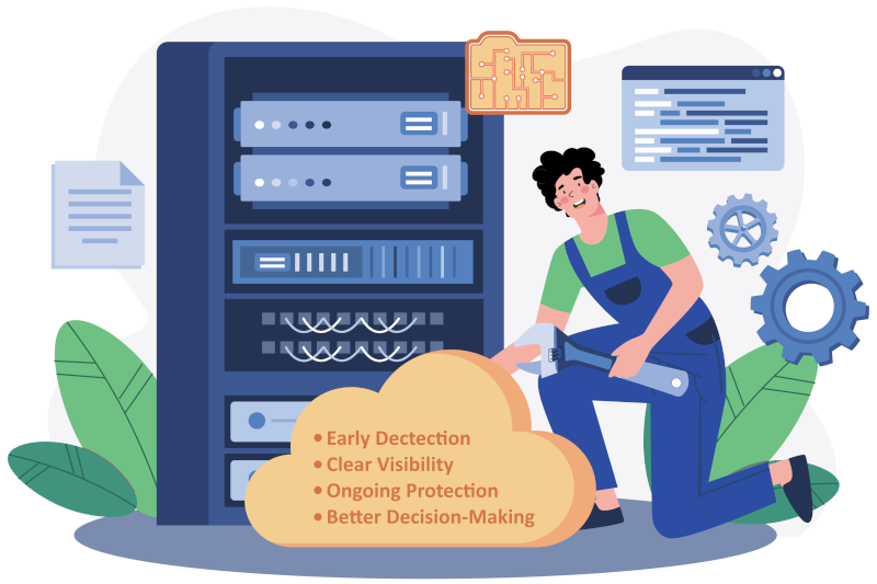 Graphic of a man with spanner and a server stack, and a cloud detailing vulnerability scanning standard practices.