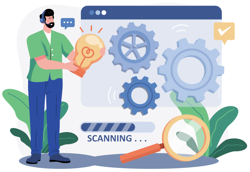 Graphic of a man with lightbulb and computer window with setting cogs and scanning bar.