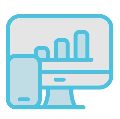 Icon of a computer monitor with a upwards graph on the screen and a also a mobile phone in front of the monitor.