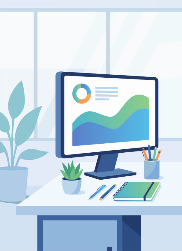 Graphic of a monitor, with graphs on the monitor screen.