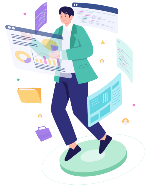 Graphic showing a woman, surrounded by computer windows swirling round him, to represent dashboard UI design.