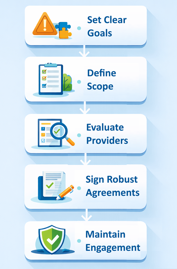 Infographic showing the 5 steps of how to approach IT Outsourcing, written details of each stage below.