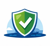 Icon showing a shield with a tick and small landscape behind it.
