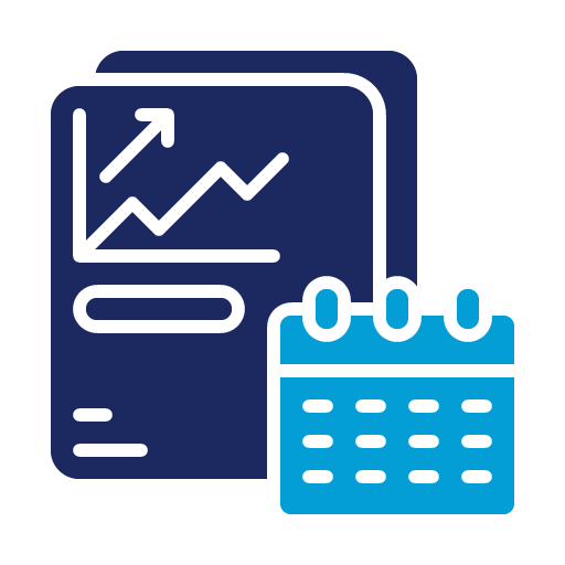 Graphic of calendar and graph on a clipboard.
