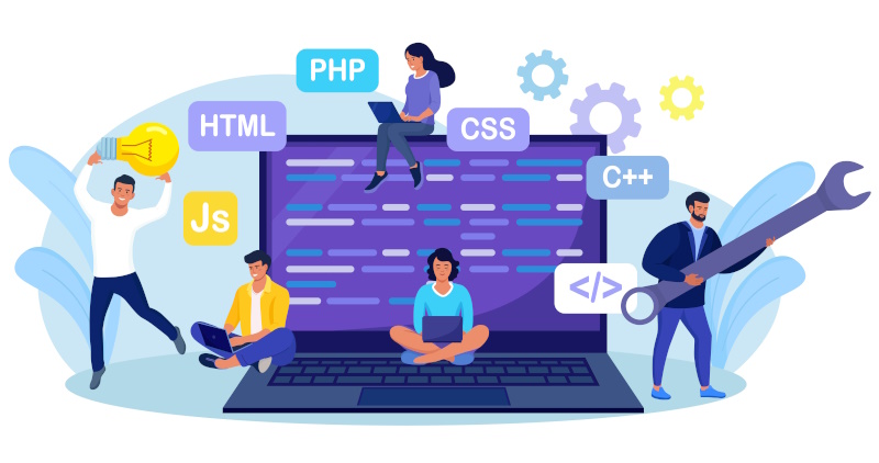Graphic showing large laptop with people and code.